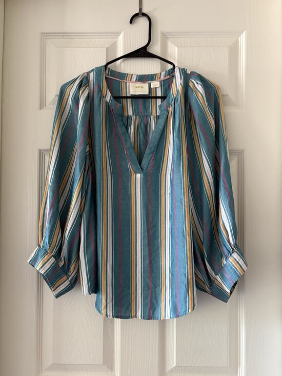 Maeve Tops - Maeve by Anthropologie Byron Blue Striped Balloon Sleeve Peasant Blouse Medium